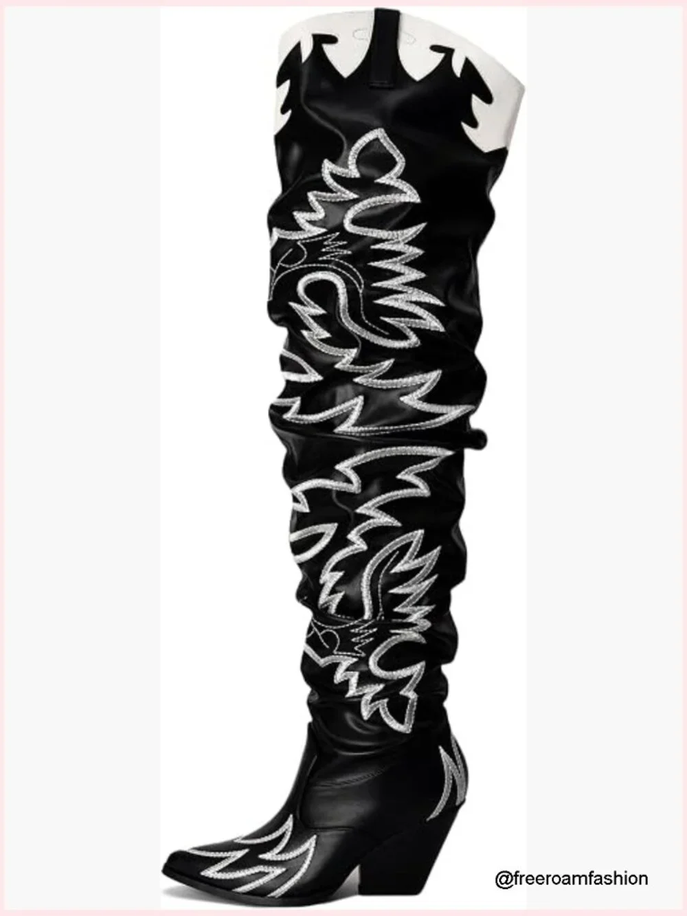 Western Over the Knee Boots Chunky Heel Faux Leather Embroidered Pull On